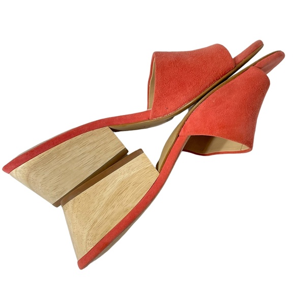 Botkier Carlie Mules 7 Coral Orange pink Suede Wooden Heel Slip-on Boho - Picture 10 of 10